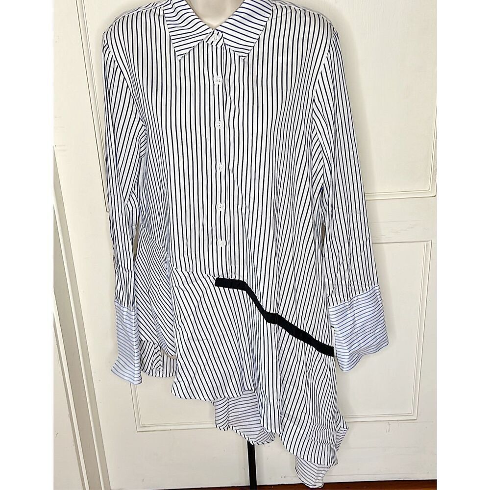 Christian Siriano Blue StripedβButton-Up Long Sleeve Asymmetrical Ruffle Shirt L